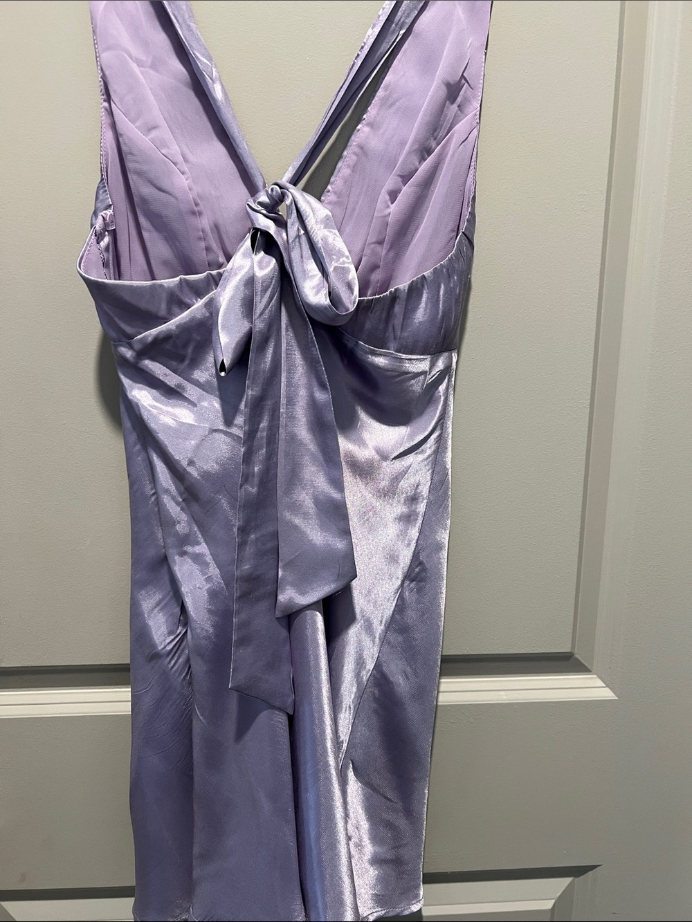 Hello Molly Lavender Satin V-Neck Mini Slip Dress with Bow Tie Back - Picture 5 of 7